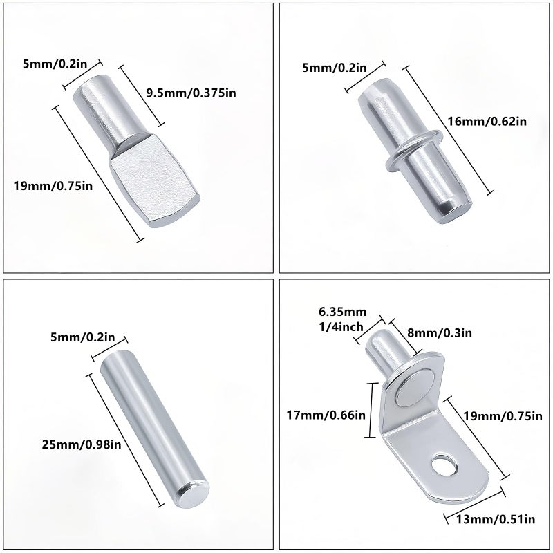 JIMROLA 120Pcs Shelf Pins Kit 4 Styles Nickel Plated Shelf Support Pegs Plated Shelf Pins Holders for Bookcase Kitchen Closet Shelf Shelves Furniture Cabinet 5mm (1/4 inch) cabinet shelf pegs - Image 2